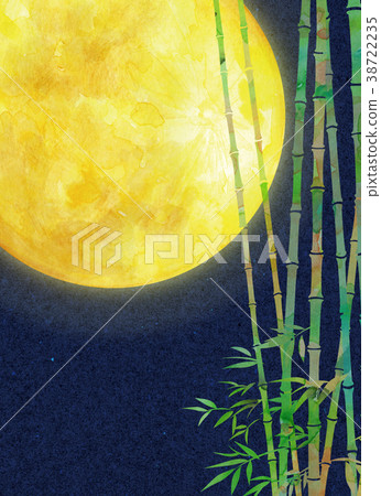 Watercolor illustration moon bamboo forest night cherry blossoms 38722235