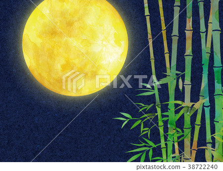 Watercolor illustration moon bamboo forest night cherry blossoms Watercolor illustration moon bamboo forest night cherry blossoms 38722240