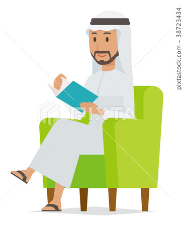 Arab men in national costumes are sitting on the sofa and reading 38723434