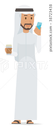 Arab men in national costumes operate smartphones 38723438