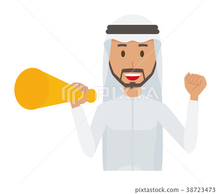Arab men in national costumes have a megaphone 38723473