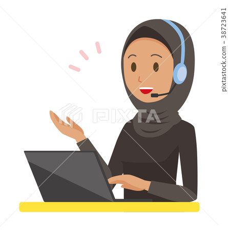 Arab woman wearing a folk costume is talking on headset 38723641