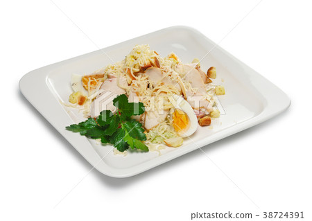 Chicken fillet with egg, cheese and chips Chicken fillet with egg, cheese and chips 38724391