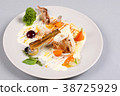 chicken breast with vegetables on a white plate. 38725929