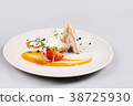chicken breast with vegetables on a white plate. 38725930