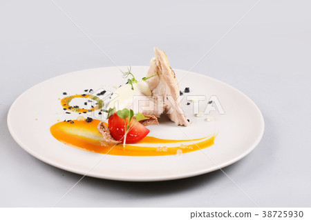 chicken breast with vegetables on a white plate. chicken breast with vegetables on a white plate. 38725930