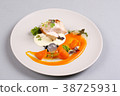 chicken breast with vegetables on a white plate. 38725931