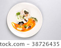chicken breast with vegetables on a white plate. 38726435