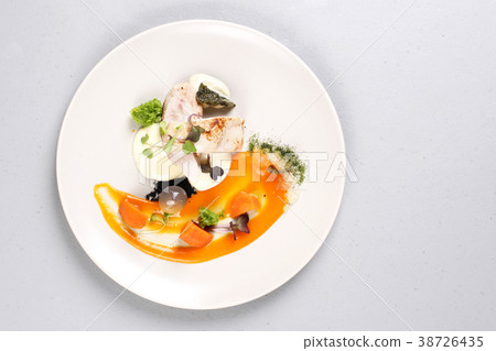 chicken breast with vegetables on a white plate. chicken breast with vegetables on a white plate. 38726435