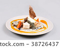chicken breast with vegetables on a white plate. 38726437