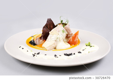 chicken breast with vegetables on a white plate. chicken breast with vegetables on a white plate. 38726470