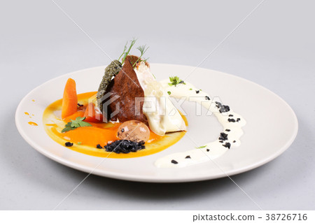chicken breast with vegetables on a white plate. chicken breast with vegetables on a white plate. 38726716