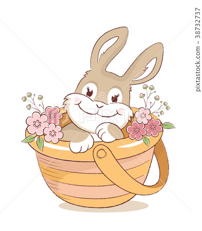 Cute bunny in a basket with flowers greeting card Cute bunny in a basket with flowers greeting card 38732737