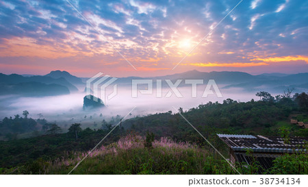 Sunrise on the morning mist at Phu Lang Ka, Phayao 38734134