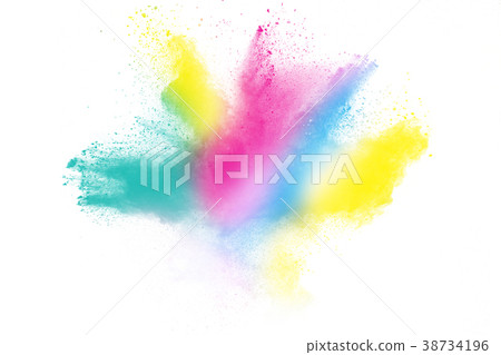 Multicolored powder explosion isolated on white . 38734196
