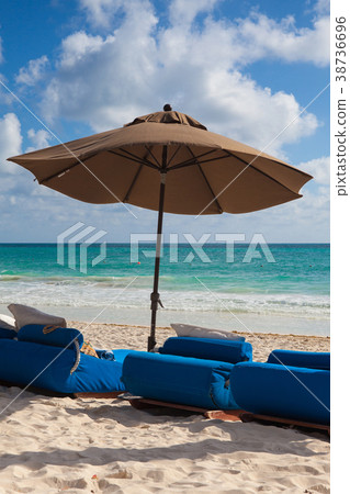 Luxury blue beach chairs on the beach,Mexico Luxury blue beach chairs on the beach,Mexico 38736696