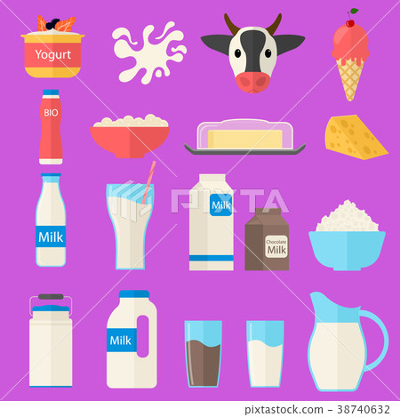 Cartoon Color Milk Products Icons Set. Vector 38740632