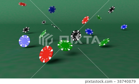 Poker chips falling down on a green table 38740879