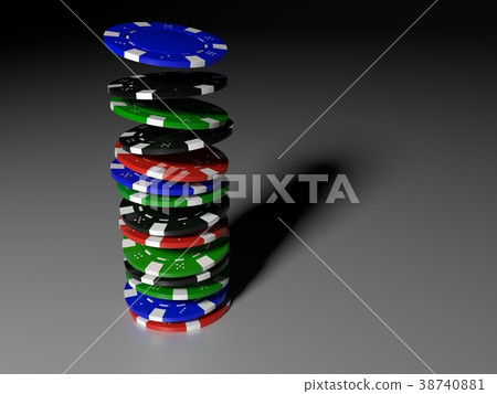 Pokerchips falling onto a stack on a white table  38740881