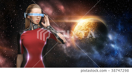 female robot in virtual reality glasses over space female robot in virtual reality glasses over space 38747298