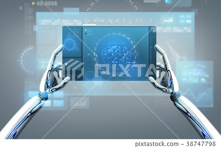robot hands with tablet pc over gray background robot hands with tablet pc over gray background 38747798
