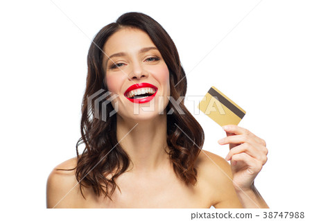 beautiful woman with red lipstick and credit card 38747988