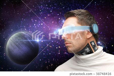 male robot in 3d glasses and sensors over space male robot in 3d glasses and sensors over space 38748416