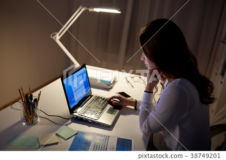 businesswoman with laptop at night office businesswoman with laptop at night office 38749201