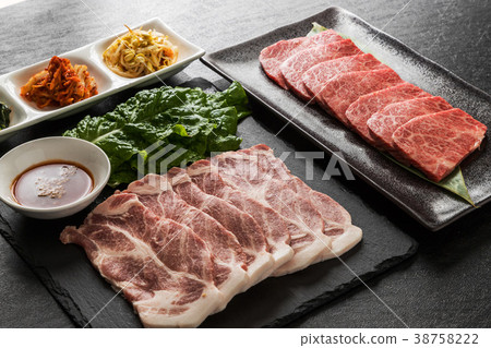 Samgypsal Korean BBQ Barbecue of Korean pork (samgyeopsal) Samgypsal Korean BBQ Barbecue of Korean pork (samgyeopsal) 38758222