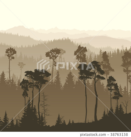Square illustration of misty forest hills. 38763138