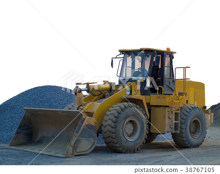 Wheel loader machine unloading sand. 38767105