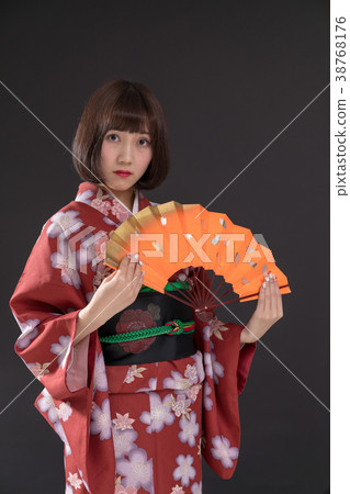 Kimono Yamato Riko Black Background Japanese Dance Folding Fan 38768176
