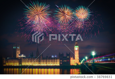 Firework show over Big Ben at night, London, UK. Firework show over Big Ben at night, London, UK. 38769831
