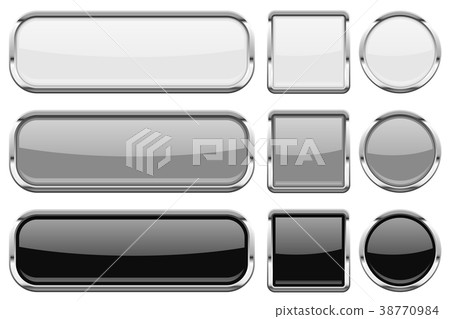 Glass buttons with chrome frame. Set of shiny 3d 38770984