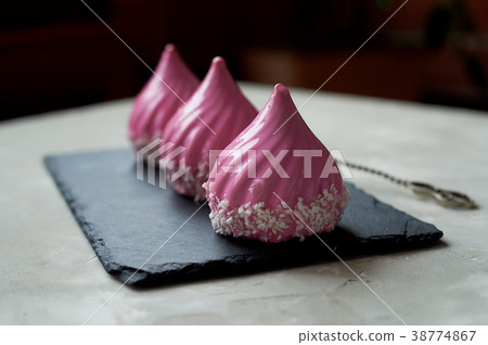 Three beautiful mousse cakes covered with mirror 38774867