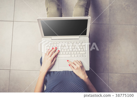 Young woman using modern white computer. Top view 38775100