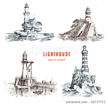 Lighthouse and sea. Marine sketch, nautical Lighthouse and sea. Marine sketch, nautical 38777711