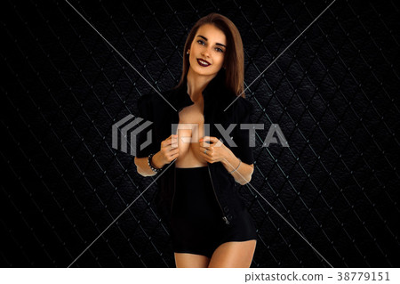 attractive girl with big brests in jacket and high 38779151