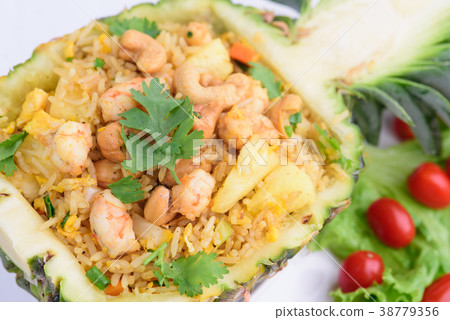 fire rice in pineapple with shrimp and cashew nut. 38779356