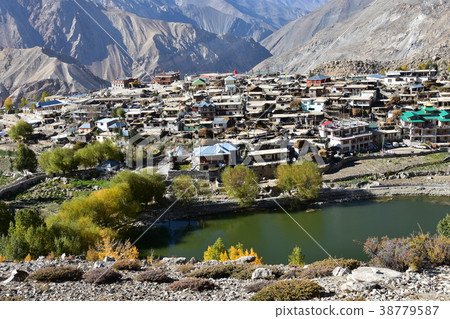Himalayan mountain area in India Nako village in the Kinaul valley Beautiful mountains and villages and lake Nako 38779587