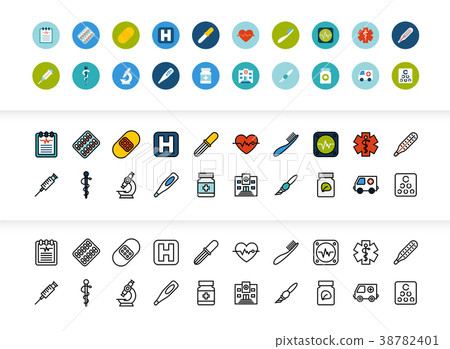 Black and color outline icons, thin stroke line 38782401