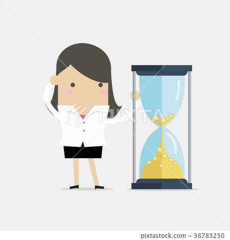 Businesswoman is looking at hourglass with coin. 38783250