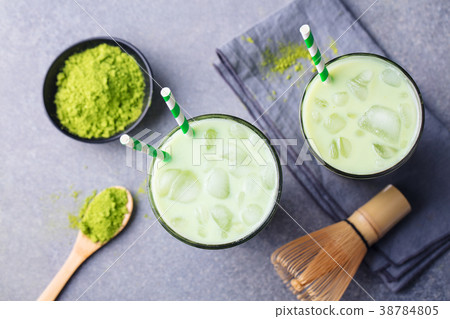 Matcha green tea ice latte, matcha powder Top view Matcha green tea ice latte, matcha powder Top view 38784805