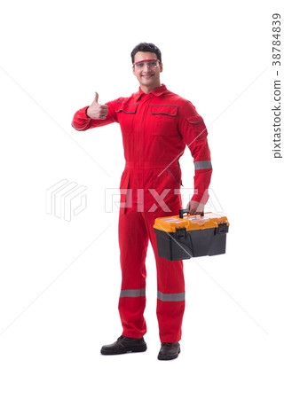 Contractor worker in red coveralls with toolbox Contractor worker in red coveralls with toolbox 38784839