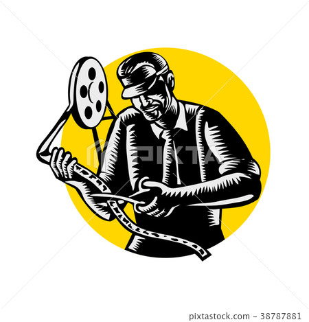 Film Editor Editing Woodcut 38787881