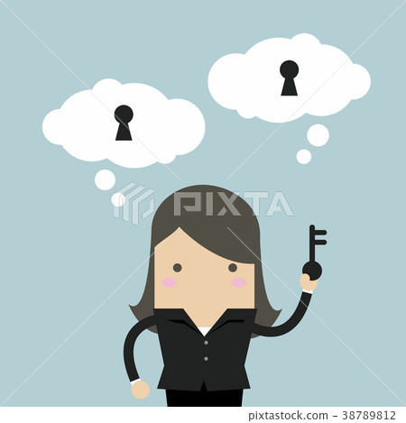 Businesswoman holding key for unlock the idea. Businesswoman holding key for unlock the idea. 38789812