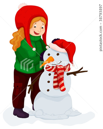 Girl playing with snowman Girl playing with snowman 38793897