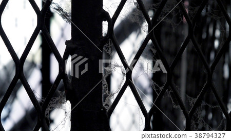 White cobweb on the old dirty steel metal fence White cobweb on the old dirty steel metal fence 38794327