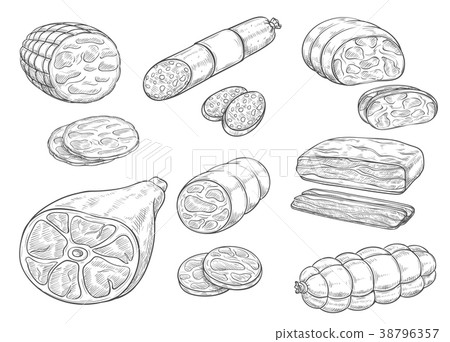 Vector sketch iocon of meat and sausage products 38796357