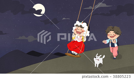 Vector - one boy and one girl playing Korean traditional games and greeting illustration. 012 38805223